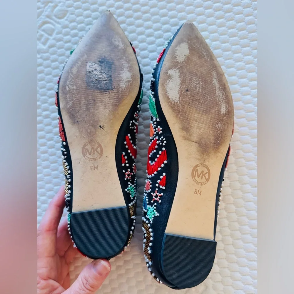 MICHAEL KORS MK Mila Party Colorful Beaded Black Leather Pointed Toe Flats